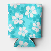 熱帯の青と白のハイビスカスの花模様 缶クーラー (正面)