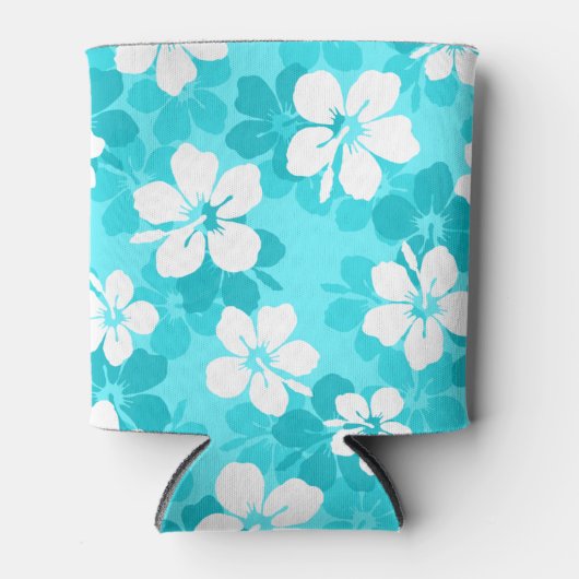 熱帯の青と白のハイビスカスの花模様 缶クーラー (正面)