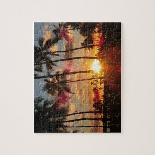 熱帯の静けさ:ハワイアンの太陽とヤシの木 ジグソーパズル (縦)