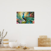 熱帯の風景に見える青いヴィンテージクジャク ポスター (キッチン)