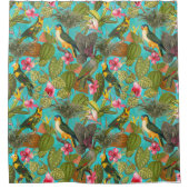 熱帯の鳥と花のジャングルのパターン – ティール(緑がかった色) シャワーカーテン (正面)