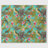熱帯の鳥と花のジャングルのパターン – ティール(緑がかった色) ラッピングペーパー (フラット)