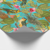 熱帯の鳥と花のジャングルのパターン – ティール(緑がかった色) ラッピングペーパー (角)