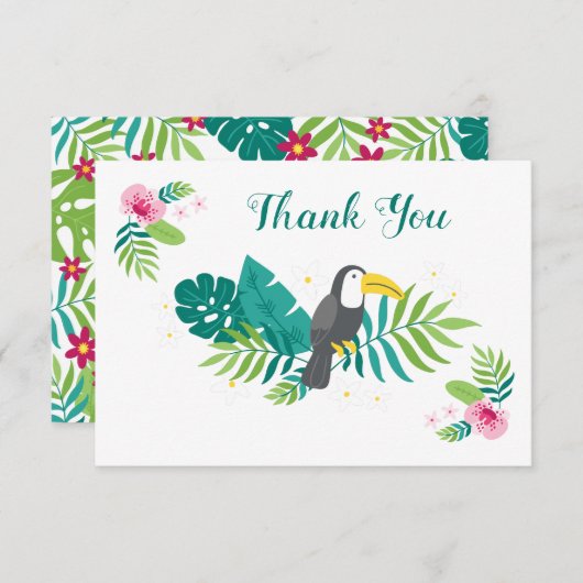 熱帯の鳥のトゥーカン、エキゾチックな花、葉類 サンキューカード (正面/裏面)