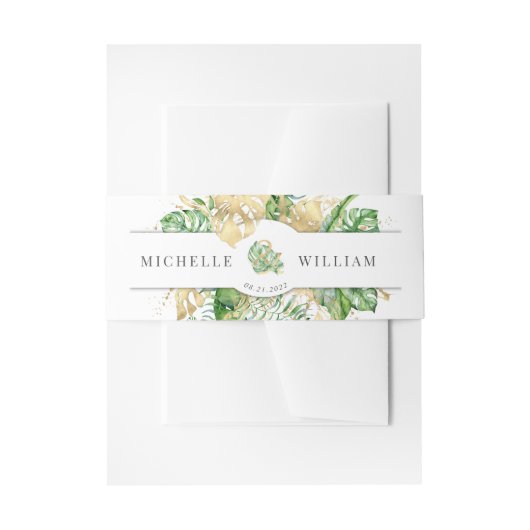 熱帯の黄金色の葉のモノグラム結婚グラム 招待状ベリーバンド (正面例)
