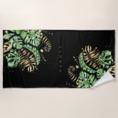 熱帯の黄金色の葉モノグラム ビーチタオル (正面)