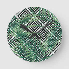 熱帯の黒と白の幾何学 ラウンド壁時計