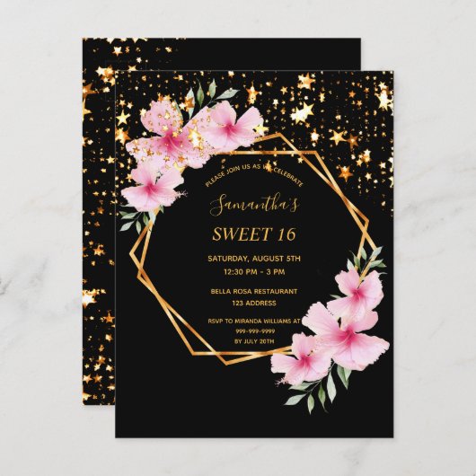 熱帯の16個の幾何学的な黒い星の招待 ポストカード (正面/裏面)