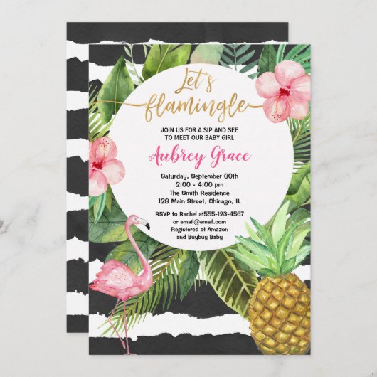 熱帯のsipと参照して、赤ちゃんの女の子フラミンゴに会う 招待状 (正面/裏面)