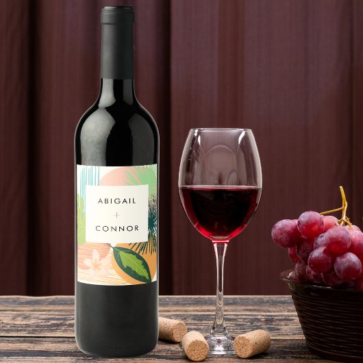 熱帯はっきりした抽象芸術サンゴティール（緑がかった色）結婚ズ ワインラベル