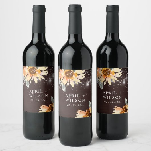 熱帯ひまわり星空の夜のメイスンジャー結婚ズ ワインラベル (ボトル)