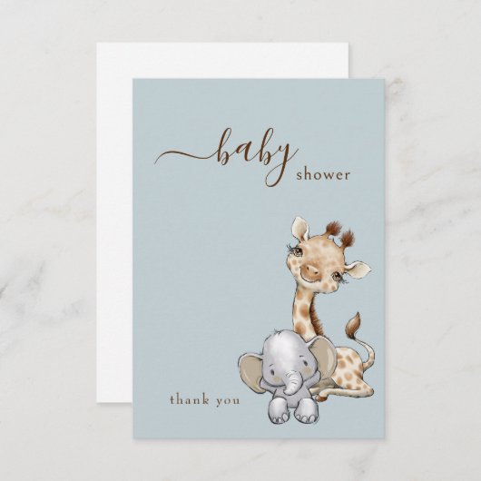 熱帯ほこりっぽい青いジャングルの赤ちゃんシャワー サンキューカード (正面/裏面)