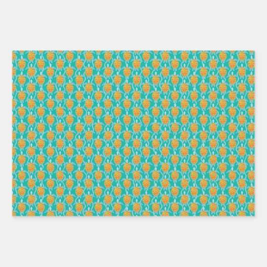 熱帯よくはしゃぐウミガメ青と緑 ラッピングペーパーシート (正面3)