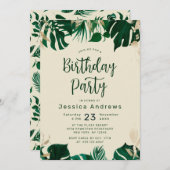 熱帯をテーマにした緑の葉の誕生日パーティー 招待状 (正面/裏面)