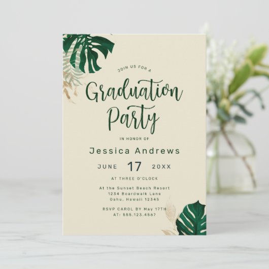 熱帯をテーマにした緑葉の卒業式パーティー 招待状 (スタンド正面)
