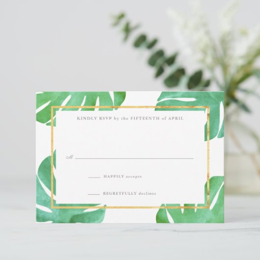 熱帯をテーマにした金ゴールド返信カード 出欠カード (スタンド正面)