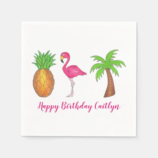 熱帯アイランドパームツリーパイナップルピンクフラミンゴ スタンダードカクテルナプキン (正面)