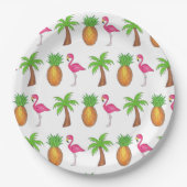 熱帯アイランドパームツリーパイナップルピンクフラミンゴ ペーパープレート (正面)