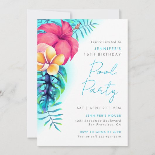 熱帯アイランドフラワーズプールパーティー誕生日アクア 招待状 (正面)