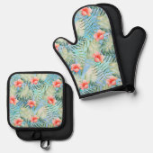 熱帯アロハピンクのハイビスカスの花 鍋つかみ&鍋敷きセット (正面/裏面)