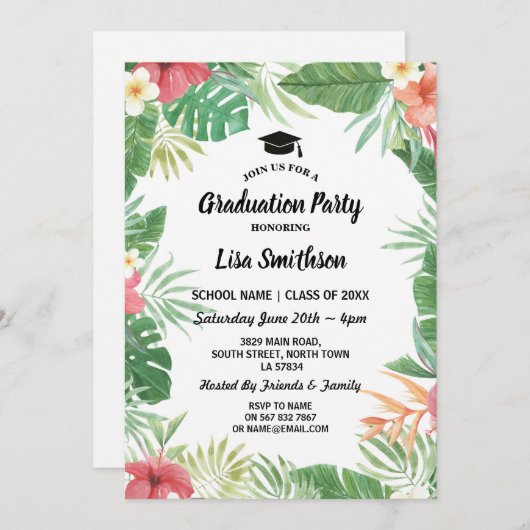 熱帯アロハルアウ(ハワイ式宴会)の夏の植物相の卒業の招待 招待状 (正面/裏面)