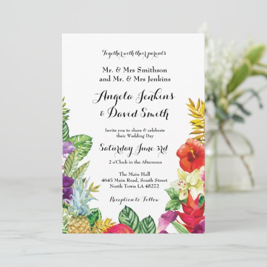 熱帯アロハ結婚式の花のルアウ（ハワイ式宴会）ライト招待 招待状 (スタンド正面)