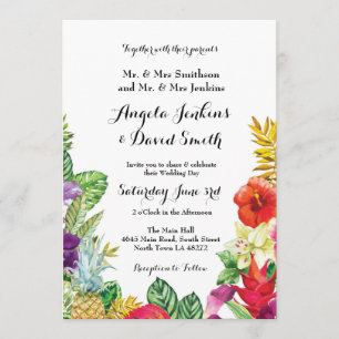 熱帯アロハ結婚式の花のルアウ（ハワイ式宴会）ライト招待 招待状