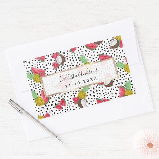 熱帯アート果実水玉模様水の色パターン 長方形シール (封筒)