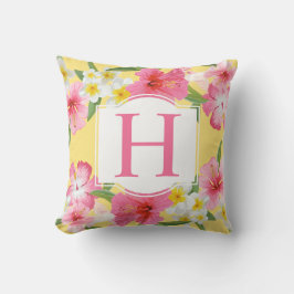 熱帯イエローピンクの花カスタムモノグラム クッション