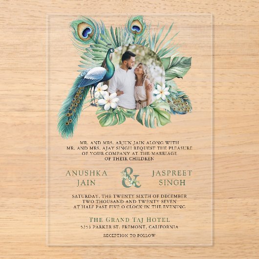 熱帯インディアンピーコック結婚フローラ アクリル招待状 (正面)