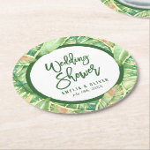 熱帯ウェディングシャワーの緑の水彩画の葉 ラウンドペーパーコースター (アングル)