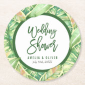 熱帯ウェディングシャワーの緑の水彩画の葉 ラウンドペーパーコースター (正面)