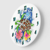 熱帯ウミガメおよびハイビスカスの花 ラージ壁時計 (傾斜)