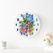 熱帯ウミガメおよびハイビスカスの花 ラージ壁時計 (ホーム)