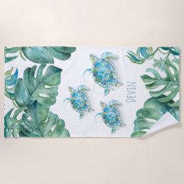 熱帯ウミガメとパーム葉 ビーチタオル