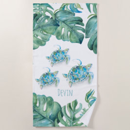 熱帯ウミガメとパーム葉 ビーチタオル