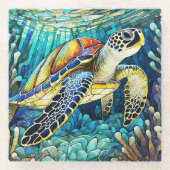 熱帯ウミガメのステンドグラス ガラスコースター (正面)