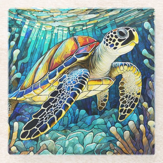 熱帯ウミガメのステンドグラス ガラスコースター (正面)