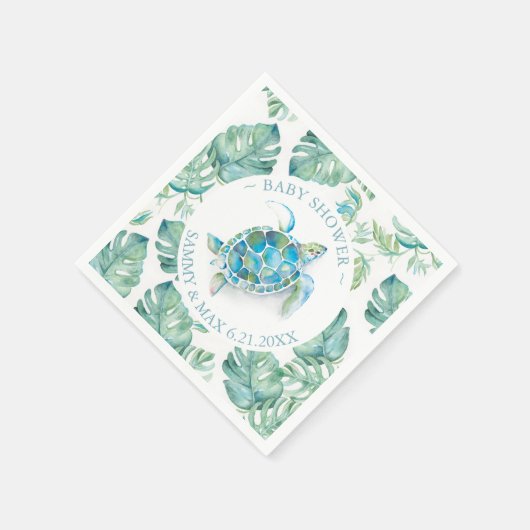 熱帯ウミガメ水色ベビーシャワー スタンダードカクテルナプキン (角)