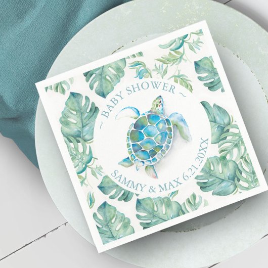 熱帯ウミガメ水色ベビーシャワー スタンダードカクテルナプキン