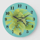 熱帯エキゾチックな緑の葉モンステラの水色e ラージ壁時計 (正面)