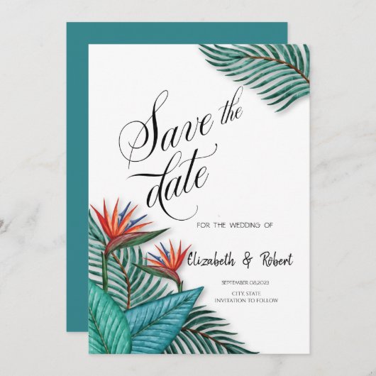 熱帯エキゾチックな花が日付を保存 セーブザデート (正面/裏面)