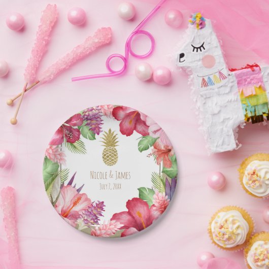 熱帯エキゾチックな花と金ゴールドパイナップルエレガント ペーパープレート (パーティー)