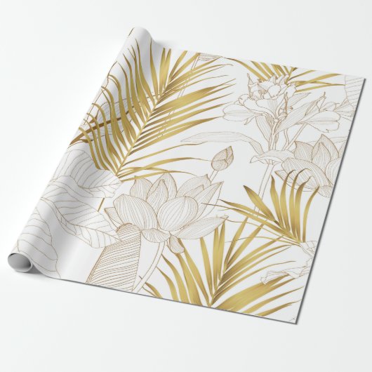 熱帯エキゾチックフローラ線金の葉ヤシと ラッピングペーパー (アンロールド)