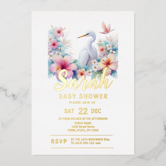 熱帯エグレ鳥の沿岸赤ちゃんシャワー 箔招待状 (正面)