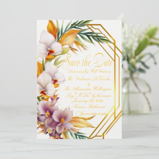 熱帯エレガントの目的地の結婚式の日付を保存 招待状 (スタンド正面)