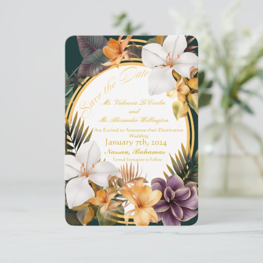 熱帯エレガントの目的地の結婚式の日付を保存 招待状 (スタンド正面)