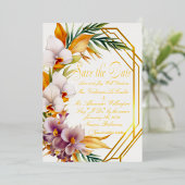 熱帯エレガントの目的地の結婚式の日付を保存 箔招待状 (立ち正面)