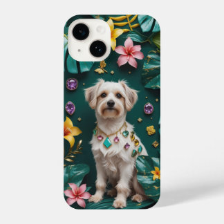 熱帯エレガントの花と宝石を持つ犬 iPhone 14ケース