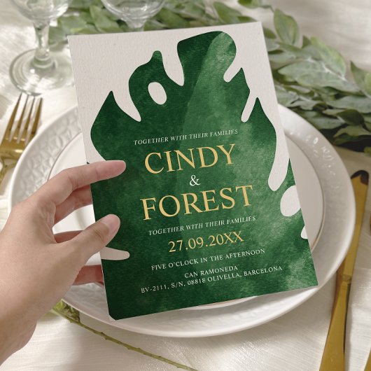 熱帯エレガントグリーンモンステラ結婚リーフ 招待状